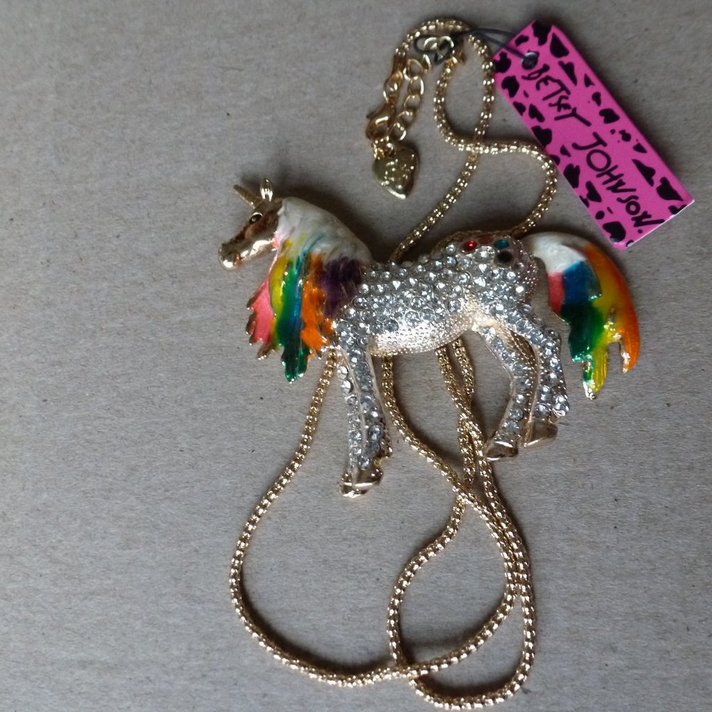 Betsey Johnson large rainbow or purplerhinestone enamel unicorn pendant necklace - Picture 5 of 7